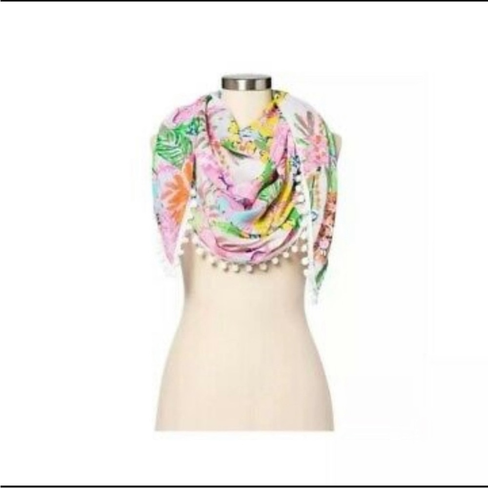 Lilly Pulitzer for Target Tropical Floral Pom Pom Scarf in Pink, Green, Yellow